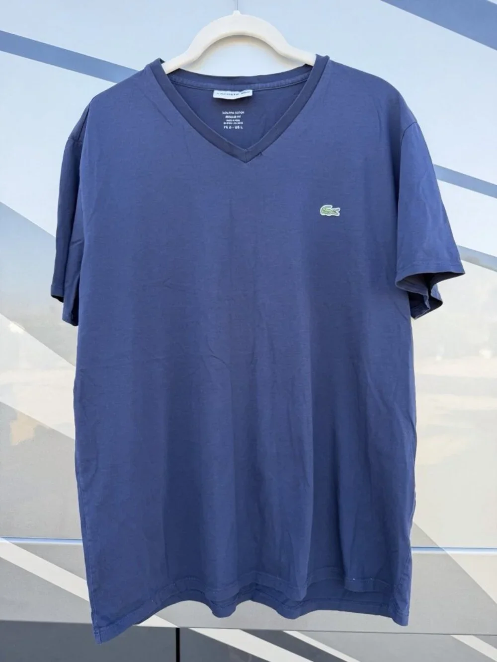 LACOSTE 100% pima cotton vneck navy blue tshirt logo L tenniscore capsule